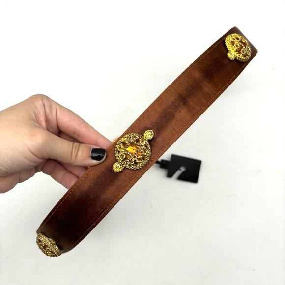 NEW Vintage 80s Cipriani 0179 Brown Satin Gold Filigree Gemstone Waist Belt M 30 main image 15
